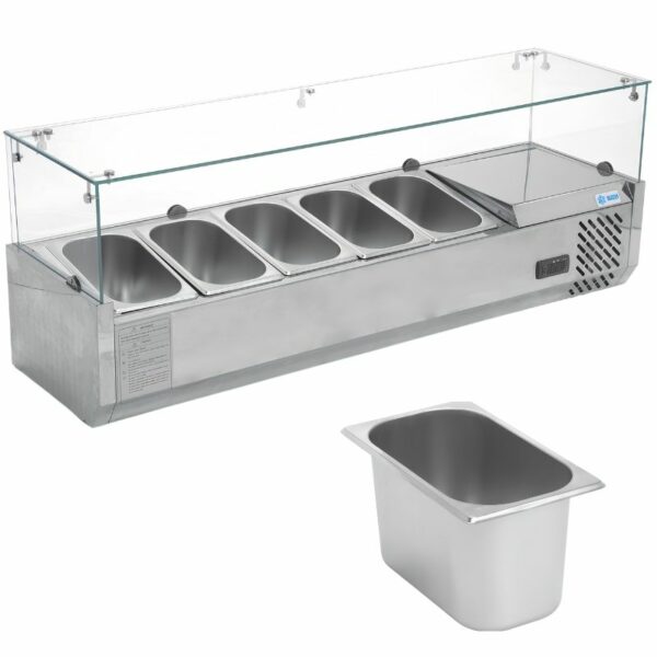 Vitrina refrigerada para ensaladas y pizzas sobre mesa